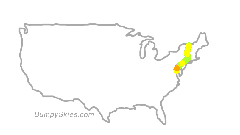 Map of continental US with illustrated flight path and turbulence forecast (described in text below)