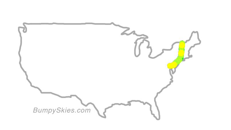 Map of continental US with illustrated flight path and turbulence forecast (described in text below)