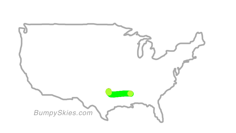Map of continental US with illustrated flight path and turbulence forecast (described in text below)