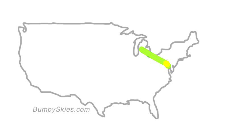 Map of continental US with illustrated flight path and turbulence forecast (described in text below)