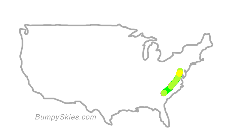 Map of continental US with illustrated flight path and turbulence forecast (described in text below)