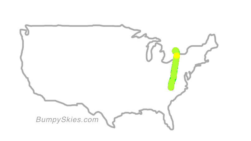 Map of continental US with illustrated flight path and turbulence forecast (described in text below)