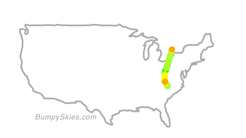 Map of continental US with illustrated flight path and turbulence forecast (described in text below)
