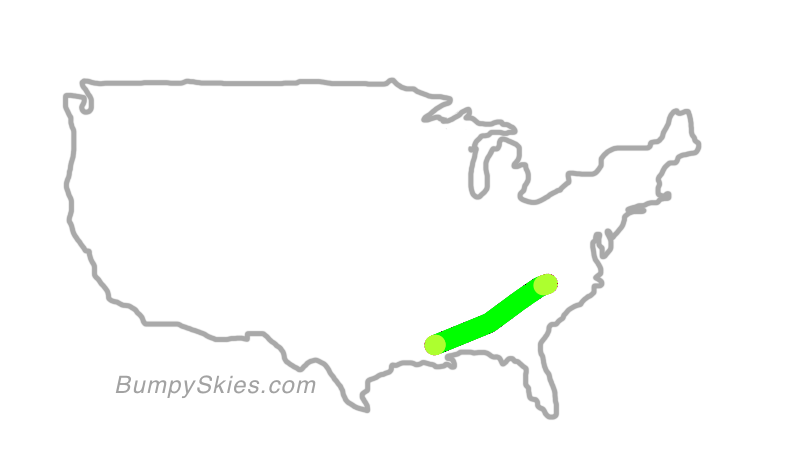 Map of continental US with illustrated flight path and turbulence forecast (described in text below)