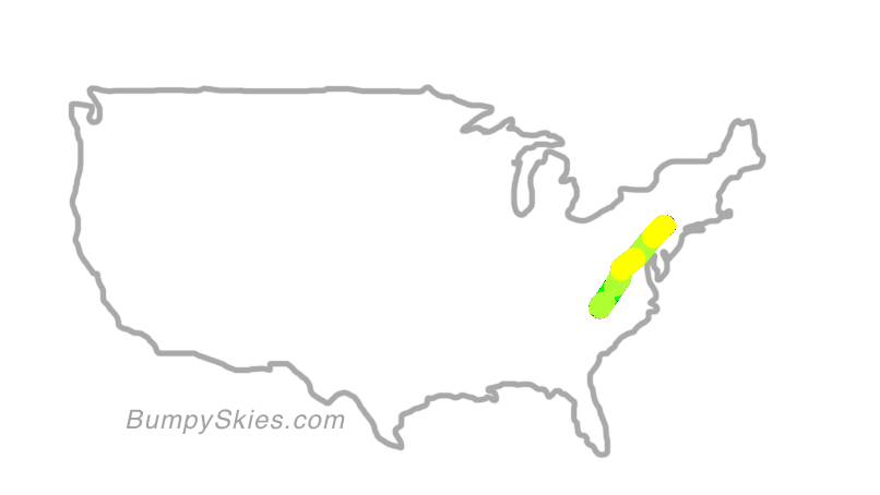 Map of continental US with illustrated flight path and turbulence forecast (described in text below)