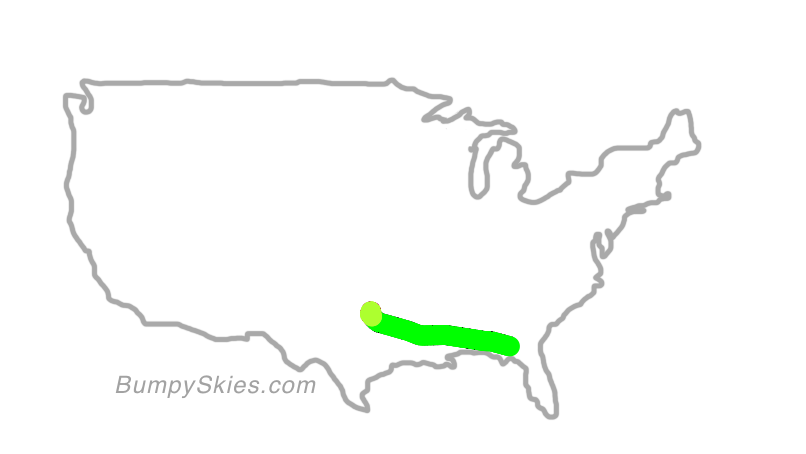 Map of continental US with illustrated flight path and turbulence forecast (described in text below)