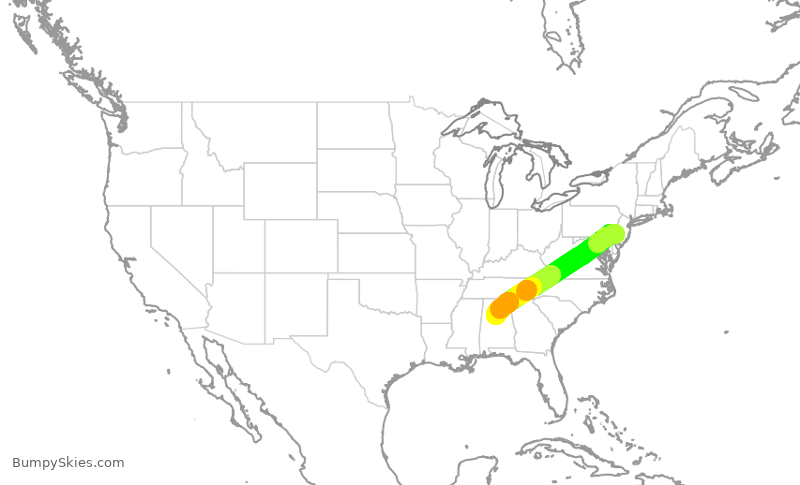 Turbulence forecast map for JIA5064, PHL to BHM