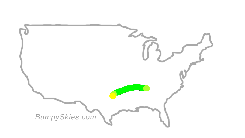 Map of continental US with illustrated flight path and turbulence forecast (described in text below)