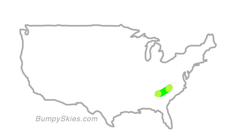 Map of continental US with illustrated flight path and turbulence forecast (described in text below)