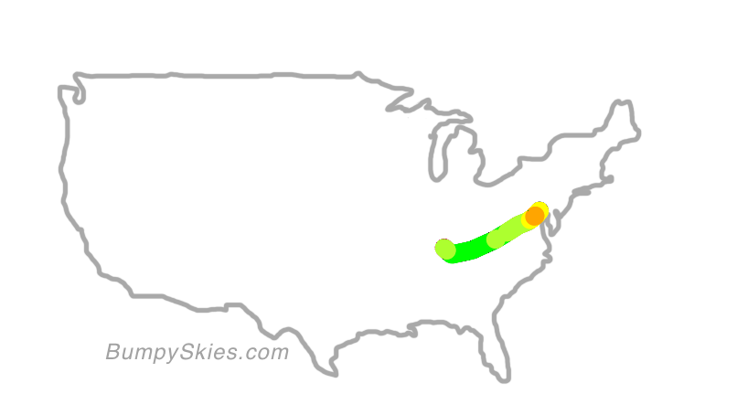 Map of continental US with illustrated flight path and turbulence forecast (described in text below)