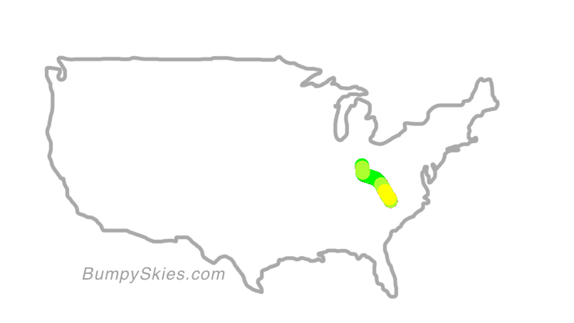Map of continental US with illustrated flight path and turbulence forecast (described in text below)