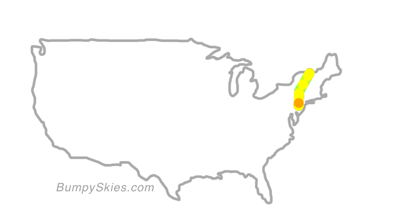 Map of continental US with illustrated flight path and turbulence forecast (described in text below)