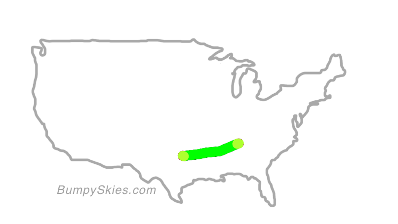 Map of continental US with illustrated flight path and turbulence forecast (described in text below)