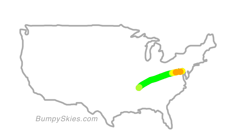 Map of continental US with illustrated flight path and turbulence forecast (described in text below)