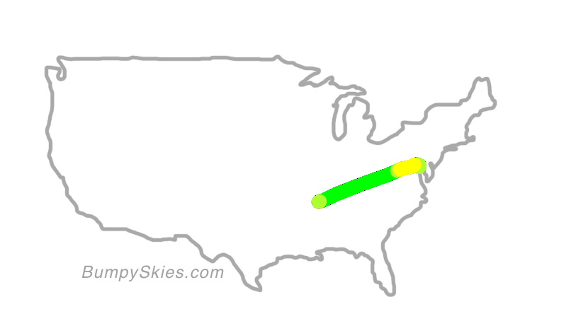 Map of continental US with illustrated flight path and turbulence forecast (described in text below)