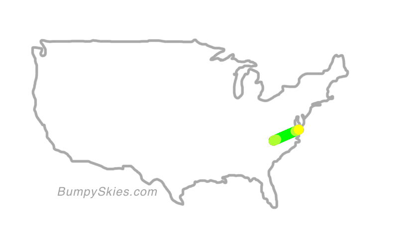 Map of continental US with illustrated flight path and turbulence forecast (described in text below)