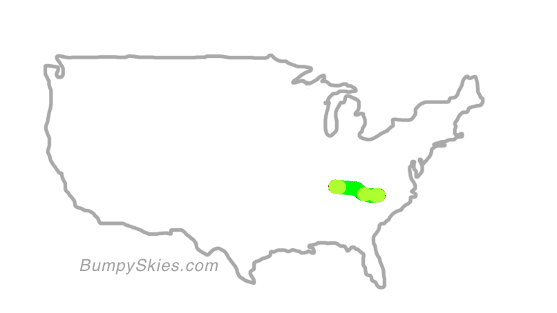 Map of continental US with illustrated flight path and turbulence forecast (described in text below)