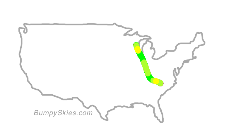 Map of continental US with illustrated flight path and turbulence forecast (described in text below)