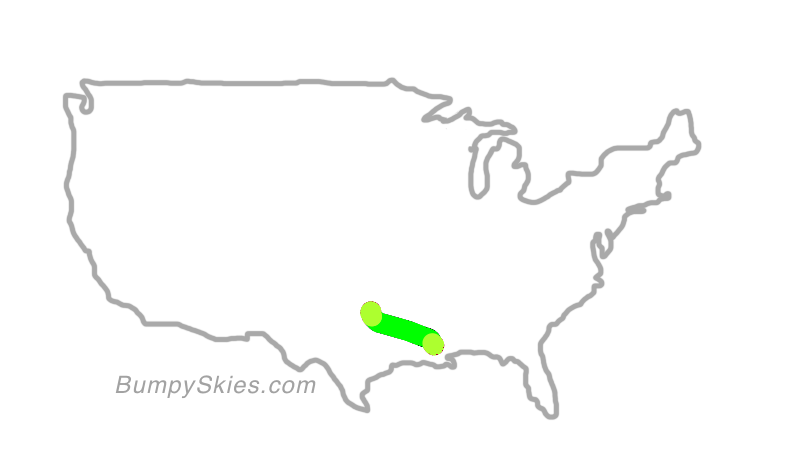 Map of continental US with illustrated flight path and turbulence forecast (described in text below)