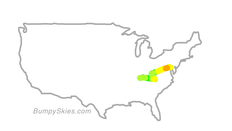 Map of continental US with illustrated flight path and turbulence forecast (described in text below)