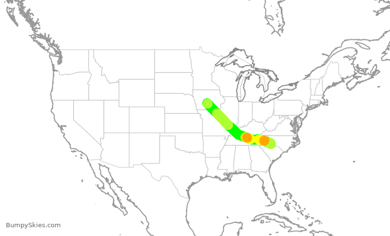 Turbulence forecast map for JIA5124, DSM to CLT