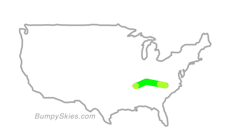 Map of continental US with illustrated flight path and turbulence forecast (described in text below)