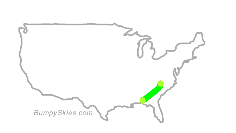 Map of continental US with illustrated flight path and turbulence forecast (described in text below)
