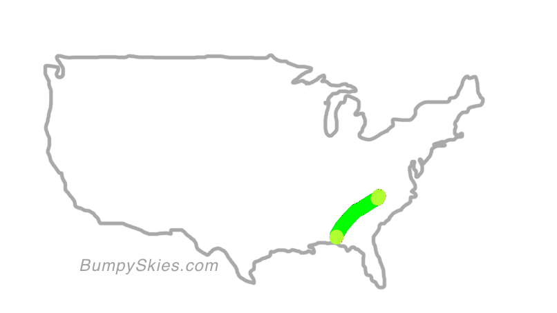 Map of continental US with illustrated flight path and turbulence forecast (described in text below)