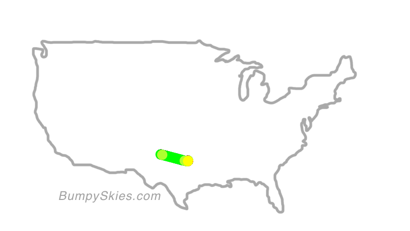 Map of continental US with illustrated flight path and turbulence forecast (described in text below)