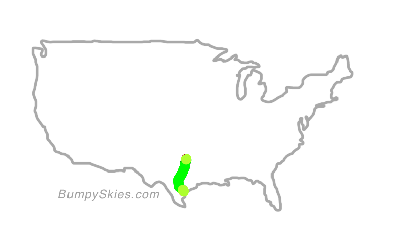 Map of continental US with illustrated flight path and turbulence forecast (described in text below)