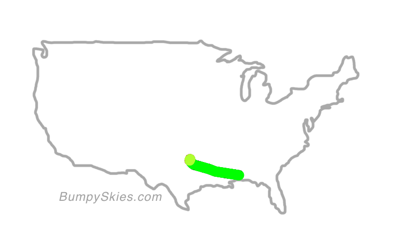 Map of continental US with illustrated flight path and turbulence forecast (described in text below)