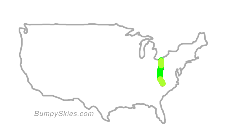 Map of continental US with illustrated flight path and turbulence forecast (described in text below)
