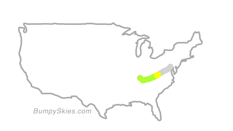 Map of continental US with illustrated flight path and turbulence forecast (described in text below)