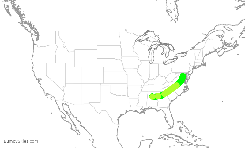 Turbulence forecast map for JIA5147, BHM to DCA