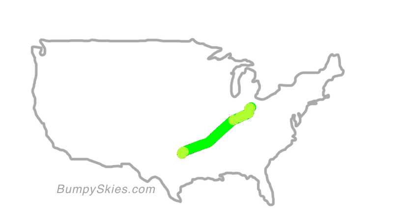 Map of continental US with illustrated flight path and turbulence forecast (described in text below)