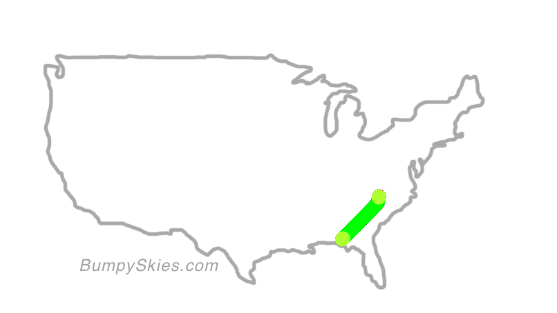 Map of continental US with illustrated flight path and turbulence forecast (described in text below)