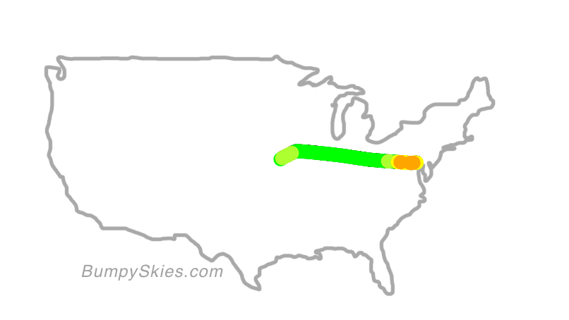Map of continental US with illustrated flight path and turbulence forecast (described in text below)
