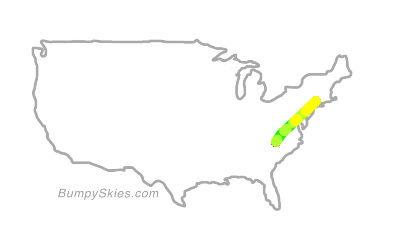 Map of continental US with illustrated flight path and turbulence forecast (described in text below)
