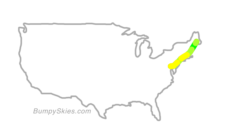 Map of continental US with illustrated flight path and turbulence forecast (described in text below)
