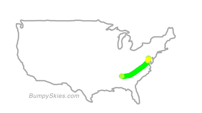 Map of continental US with illustrated flight path and turbulence forecast (described in text below)