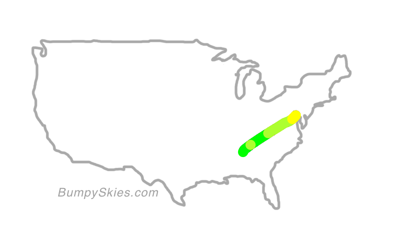 Map of continental US with illustrated flight path and turbulence forecast (described in text below)