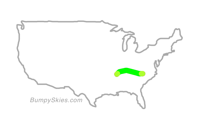Map of continental US with illustrated flight path and turbulence forecast (described in text below)