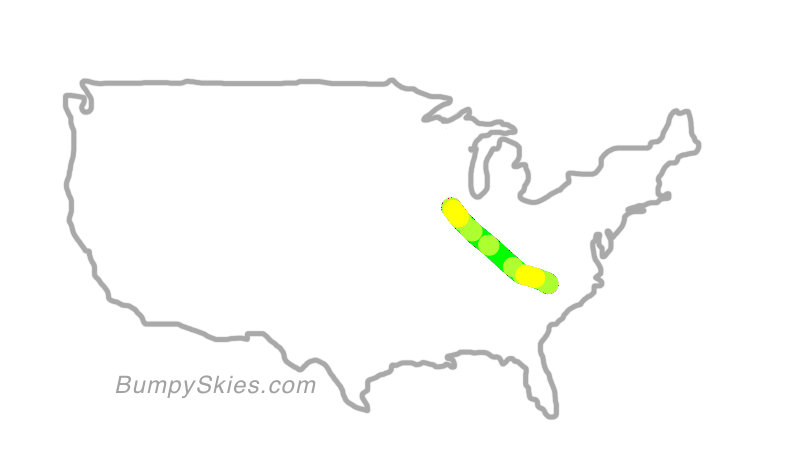 Map of continental US with illustrated flight path and turbulence forecast (described in text below)