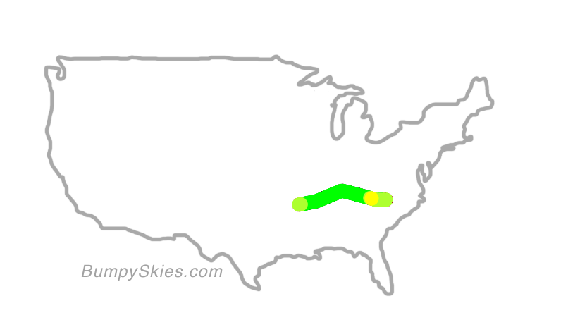 Map of continental US with illustrated flight path and turbulence forecast (described in text below)