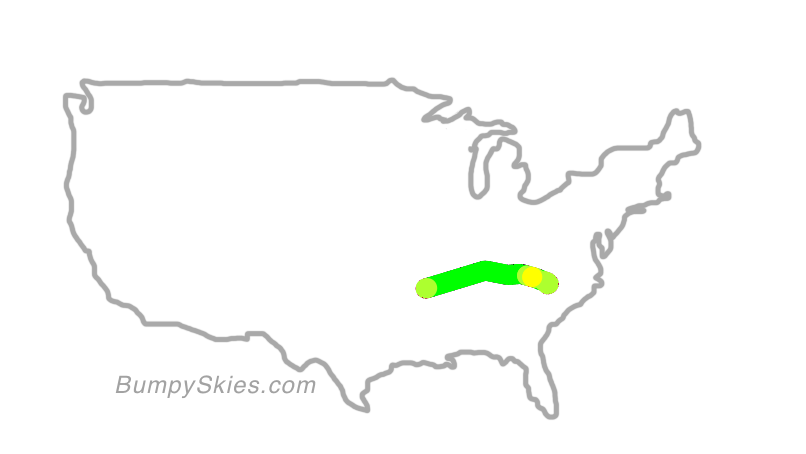 Map of continental US with illustrated flight path and turbulence forecast (described in text below)