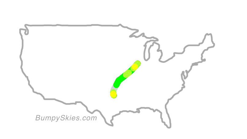 Map of continental US with illustrated flight path and turbulence forecast (described in text below)