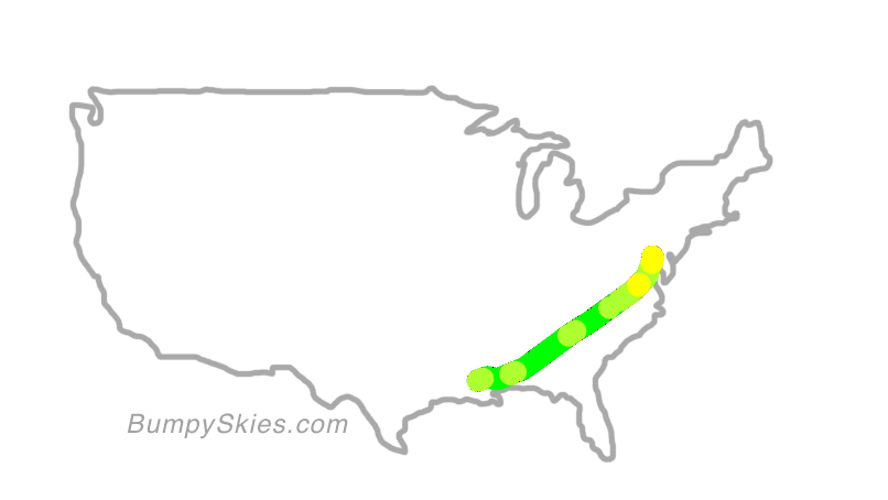 Map of continental US with illustrated flight path and turbulence forecast (described in text below)