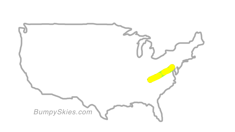 Map of continental US with illustrated flight path and turbulence forecast (described in text below)