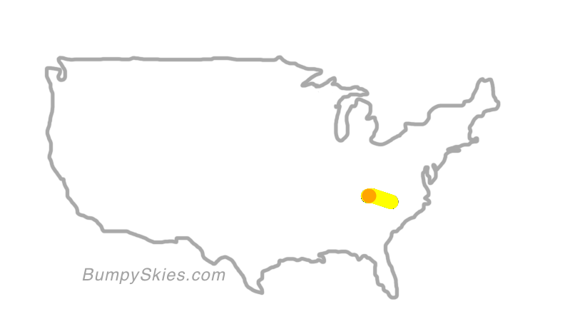 Map of continental US with illustrated flight path and turbulence forecast (described in text below)