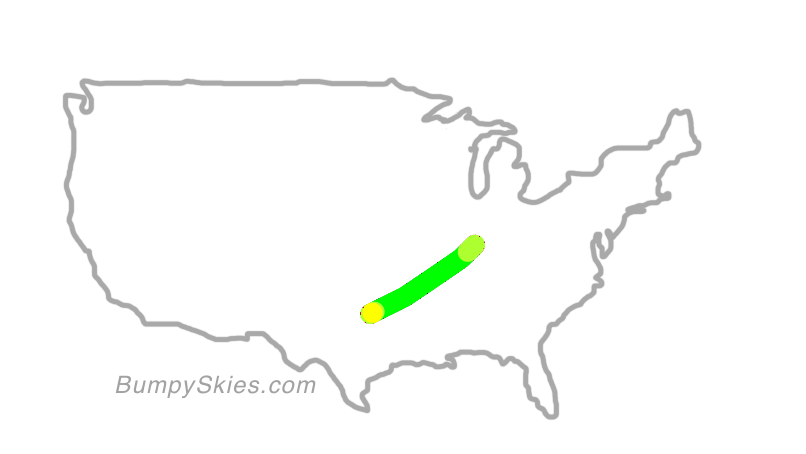 Map of continental US with illustrated flight path and turbulence forecast (described in text below)